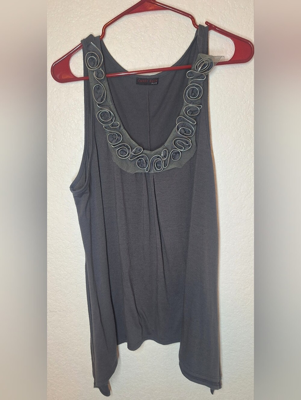 🌟 Candy Rain Plus Beaded Rhinestone Neckline Swing Tank Top Charcoal Sz L